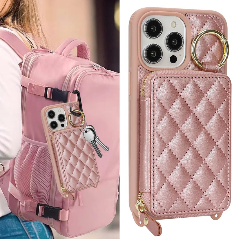 Hamany Crossbody Wallet Case for iPhone 12 Pro Max, PU Leather Zipper Handbag Purse Flip Cover, Kickstand Folio Case with Card Slots Holder Wrist Strap Lanyard 5G 6.7 Inch-Rose Gold - Image 3